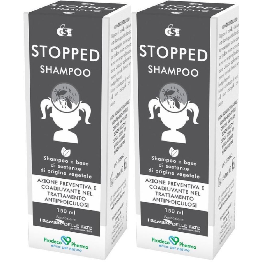 Due flaconi di "STOPPED SHAMPOO" da 150 ml, base vegetale, per il trattamento dei pidocchi.