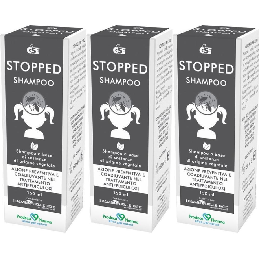 Tre scatole di GSE STOPPED SHAMPOO, 150 ml, con immagine di un bambino con pidocchi.