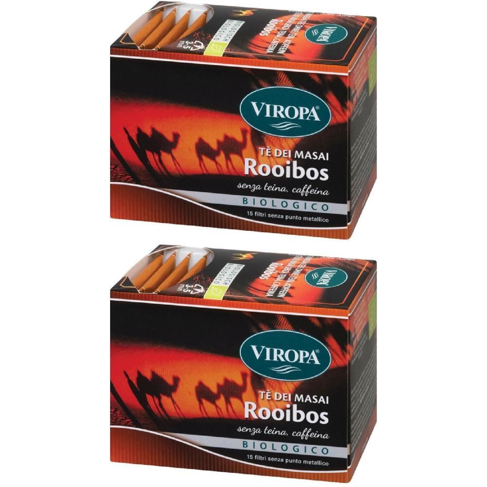 Due confezioni di tè Rooibos Viropa, biologico, senza caffeina. Con silhouette di cammelli e paesaggio desertico.