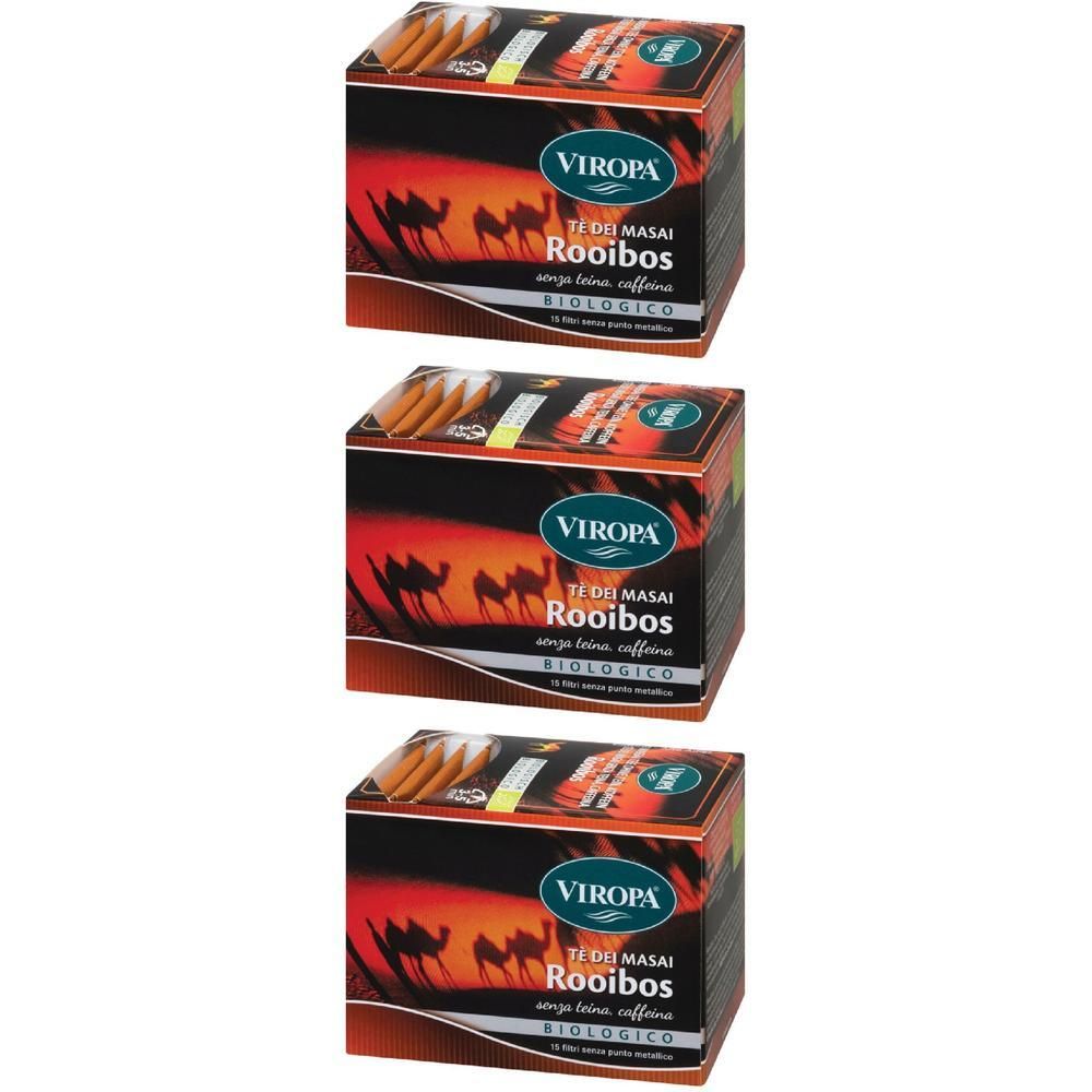 Tre scatole di tè Rooibos Viropa. La confezione mostra una carovana di cammelli nel deserto al tramonto.