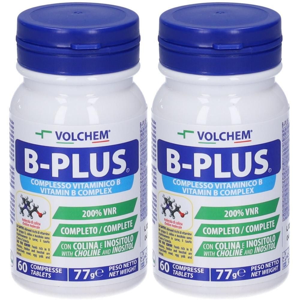 Due flaconi di VOLCHEM B-Plus Vitamina B Complesso, 60 compresse ciascuno.