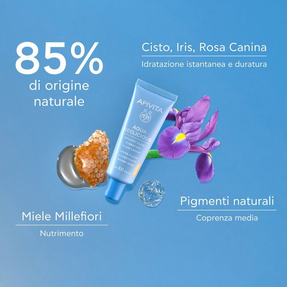 Crema fluida colorata Apivita Aqua Beelicious SPF 30 con miele, iris e rosa canina.