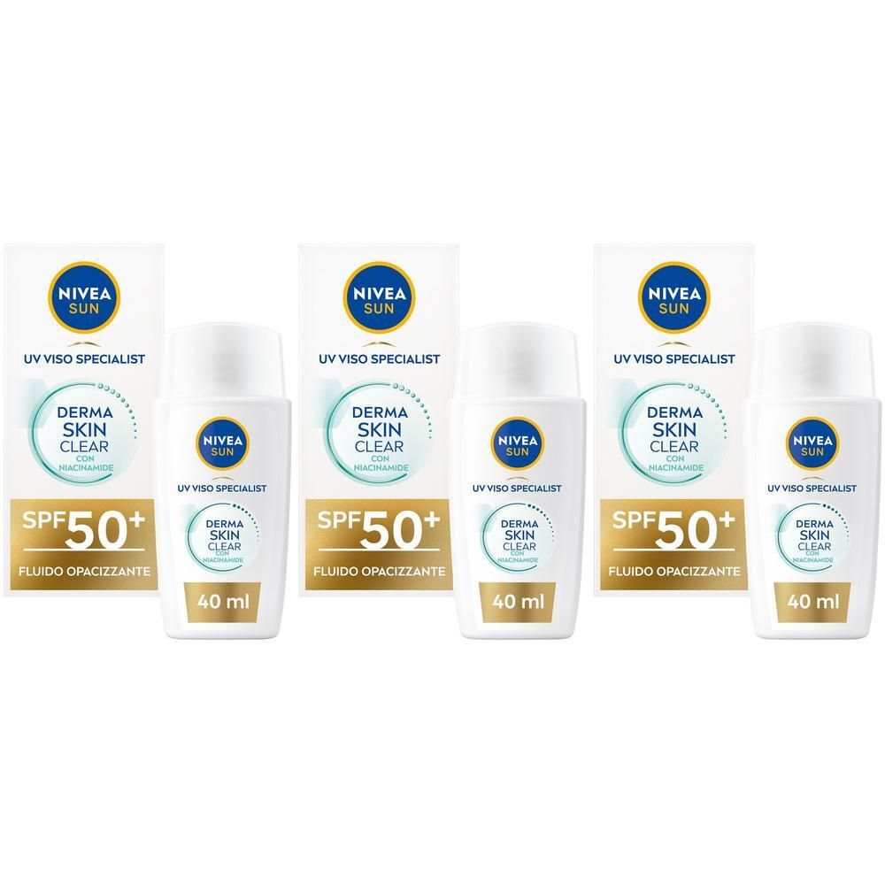 Quattro flaconi di crema solare Nivea Sun Derma Skin Clear SPF 50+.