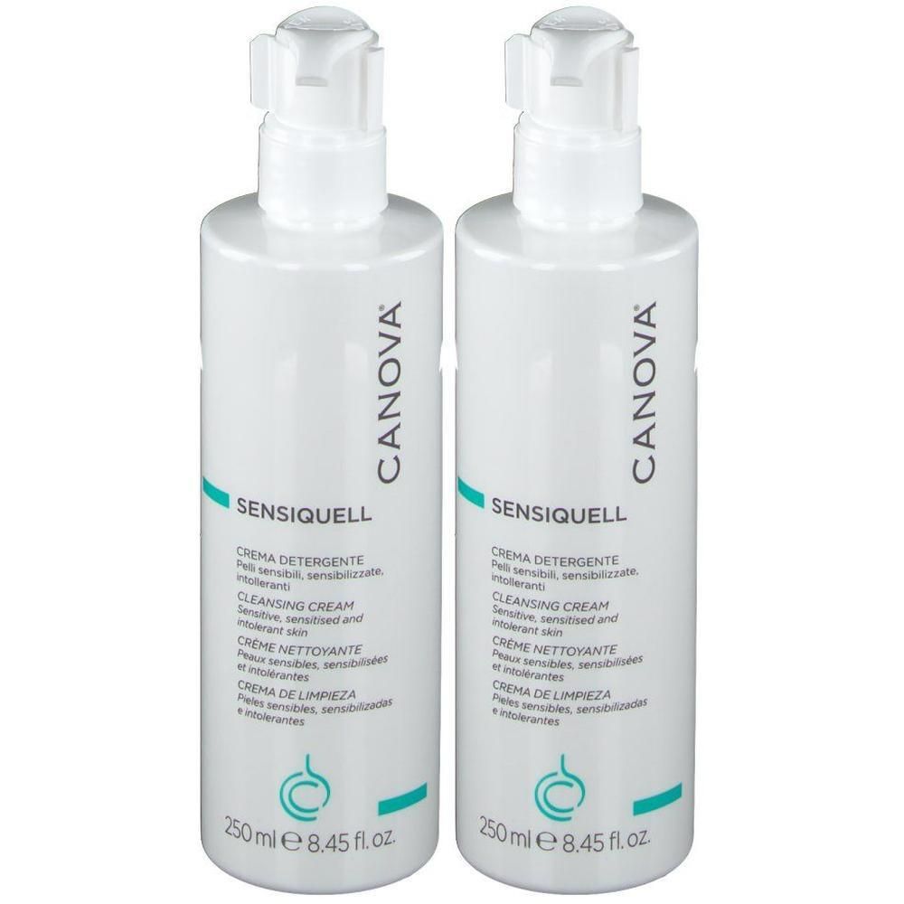 Due flaconi a pompa bianchi di crema detergente CANOVA SENSIQUELL, 250 ml ciascuno.