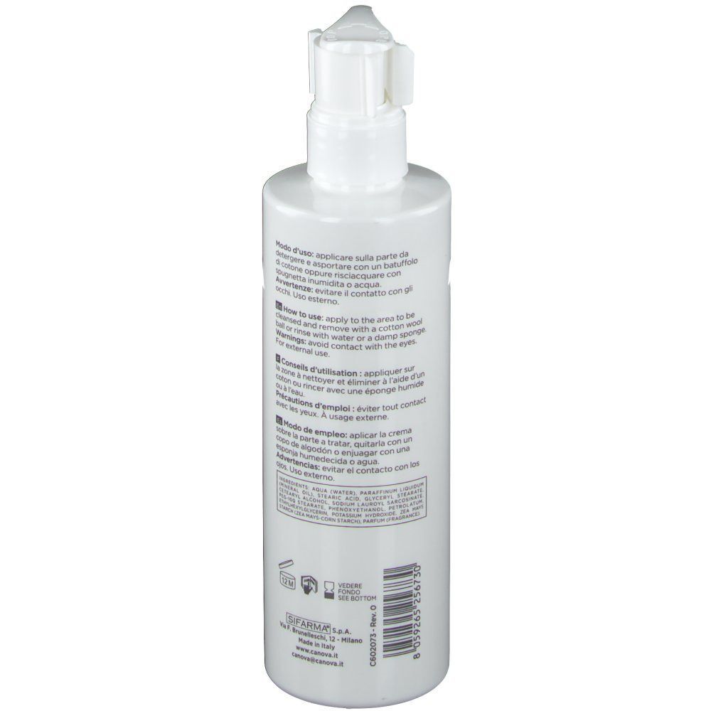 Flacone bianco con dispenser a pompa e istruzioni d'uso multilingue.