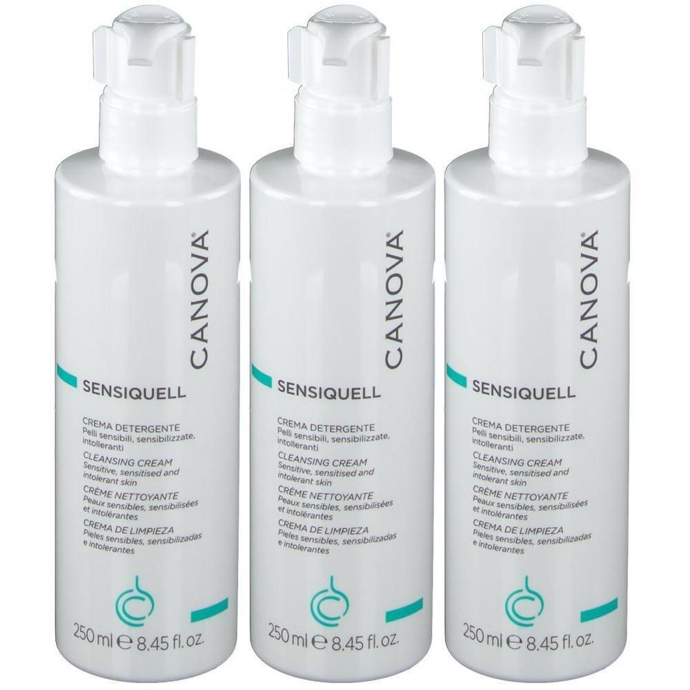 Tre flaconi con pompa bianchi CANOVA SENSIQUELL Cleansing Cream, 250 ml ciascuno.