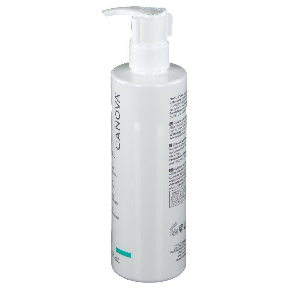 Flacone bianco con pompa, scritta verticale CANOVA e striscia turchese.