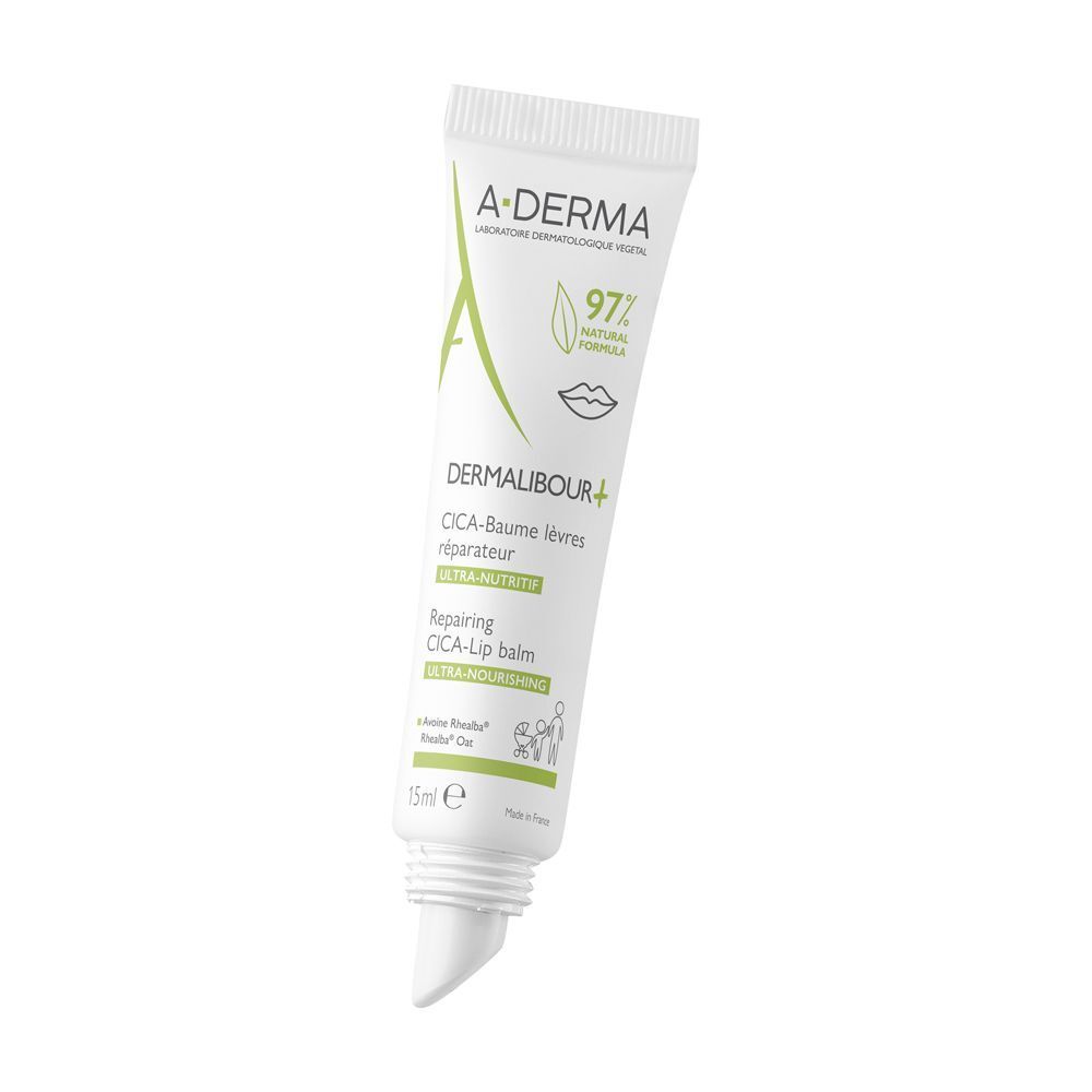 Un tubetto di balsamo labbra Cica A-Derma Dermalibour+, 15ml, con applicatore montato.