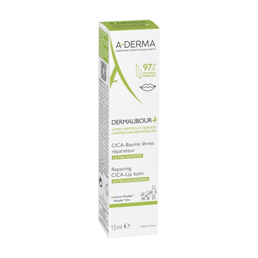 Confezione di un tubetto di balsamo labbra Cica A-Derma Dermalibour+, 15ml.