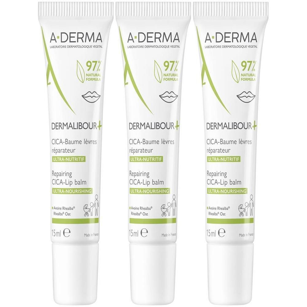 Tre tubetti di balsamo labbra A-Derma Dermalibour+ Cica, 15ml.