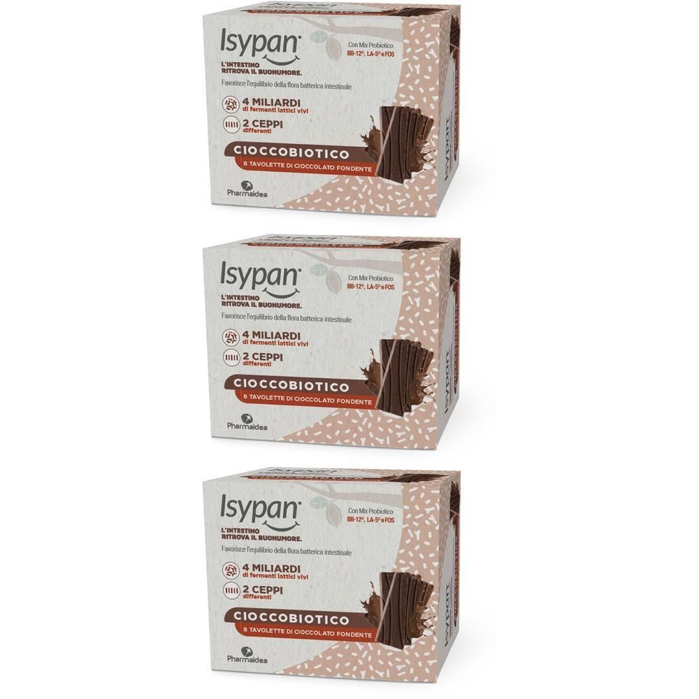 Tre confezioni di Isypan Cioccobiotico Fondente Probiotici, 8 tavolette cioccolato.
