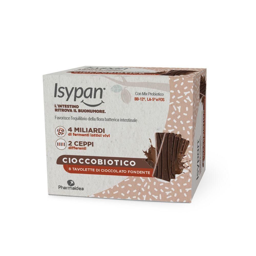 Isypan Cioccobiotico: confezione da 8 tavolette di cioccolato fondente, probiotici.