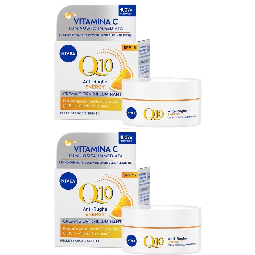 Due vasetti e scatole di Nivea Q10 Anti-Rughe Energy Crema Giorno.