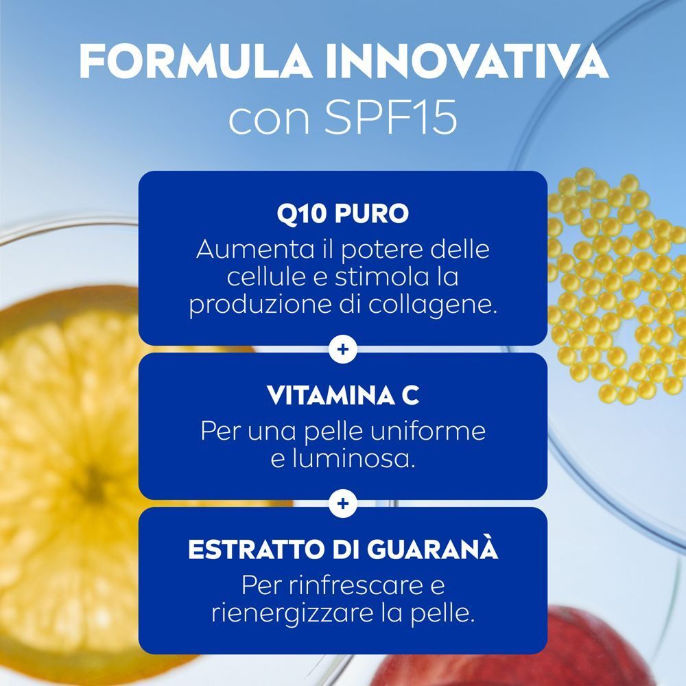 Nivea Q10 Anti-Rughe Energy Crema Giorno: ingredienti Q10, Vitamina C, Guaranà.