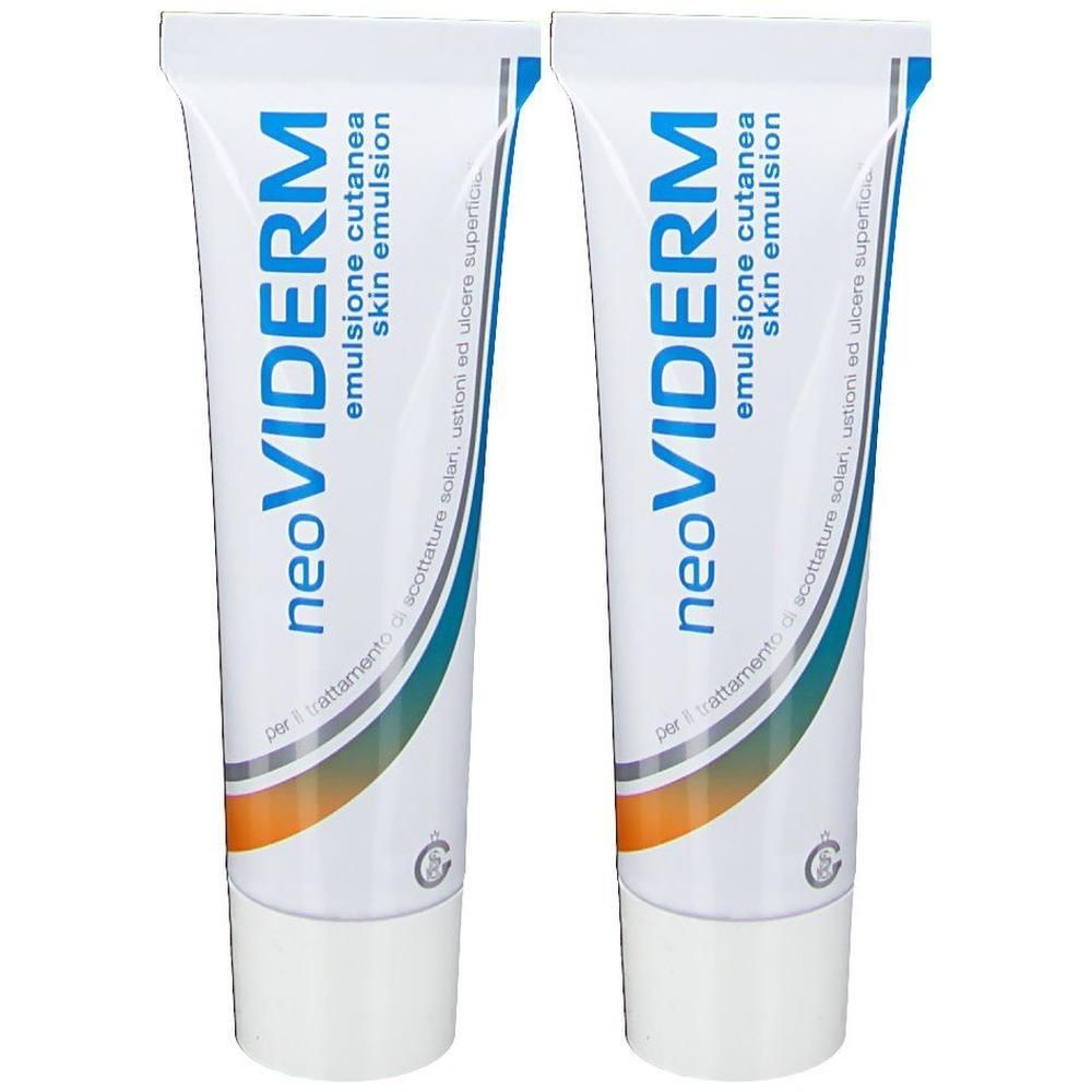 Due tubi di emulsione cutanea NeoViderm con accenti blu e arancioni.