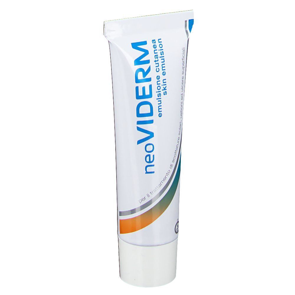Un tubo di emulsione cutanea NeoViderm con accenti blu e arancioni.