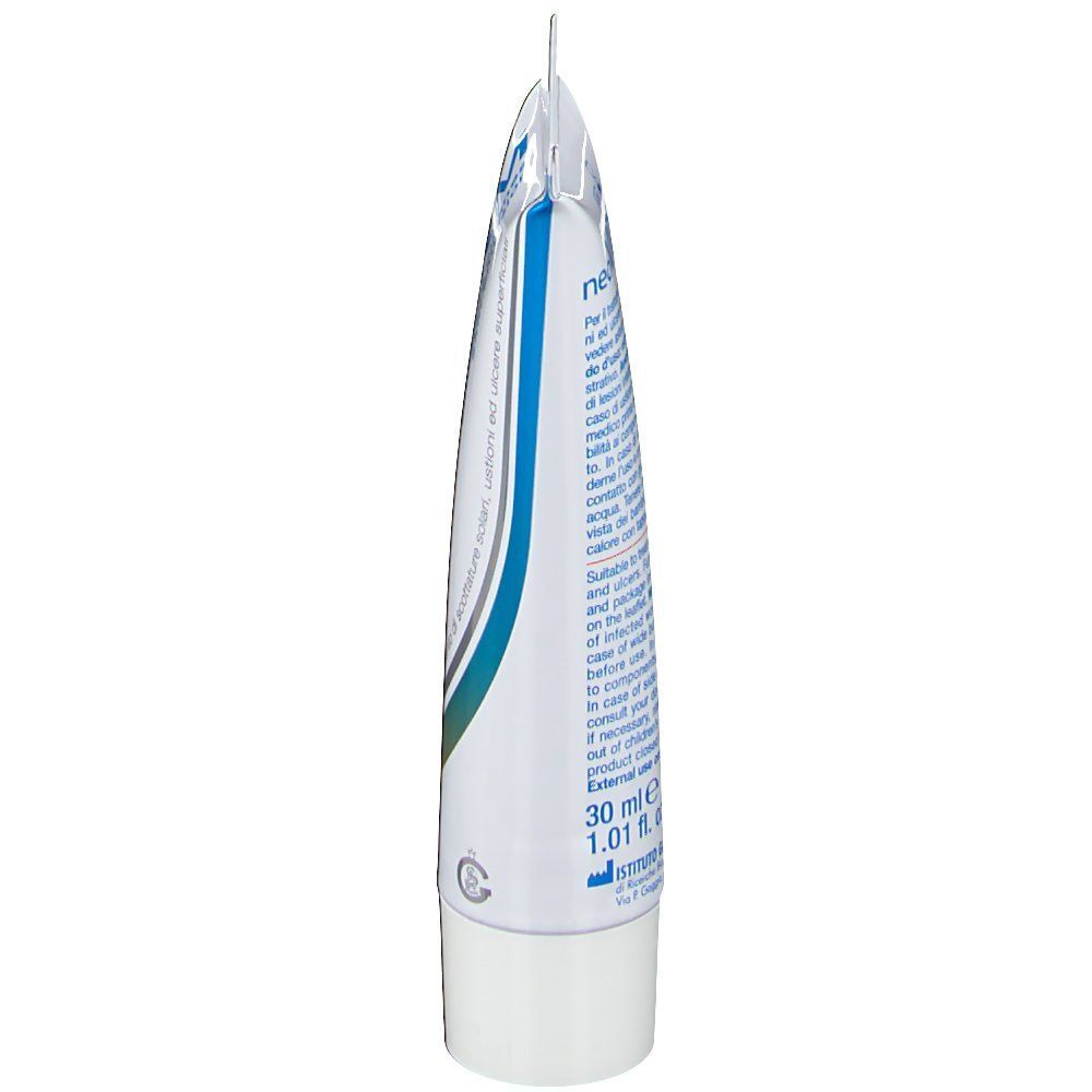 Lato di un tubetto di NeoViderm Emulsione Cutanea emulsione cutanea con scritte e marchio CE.