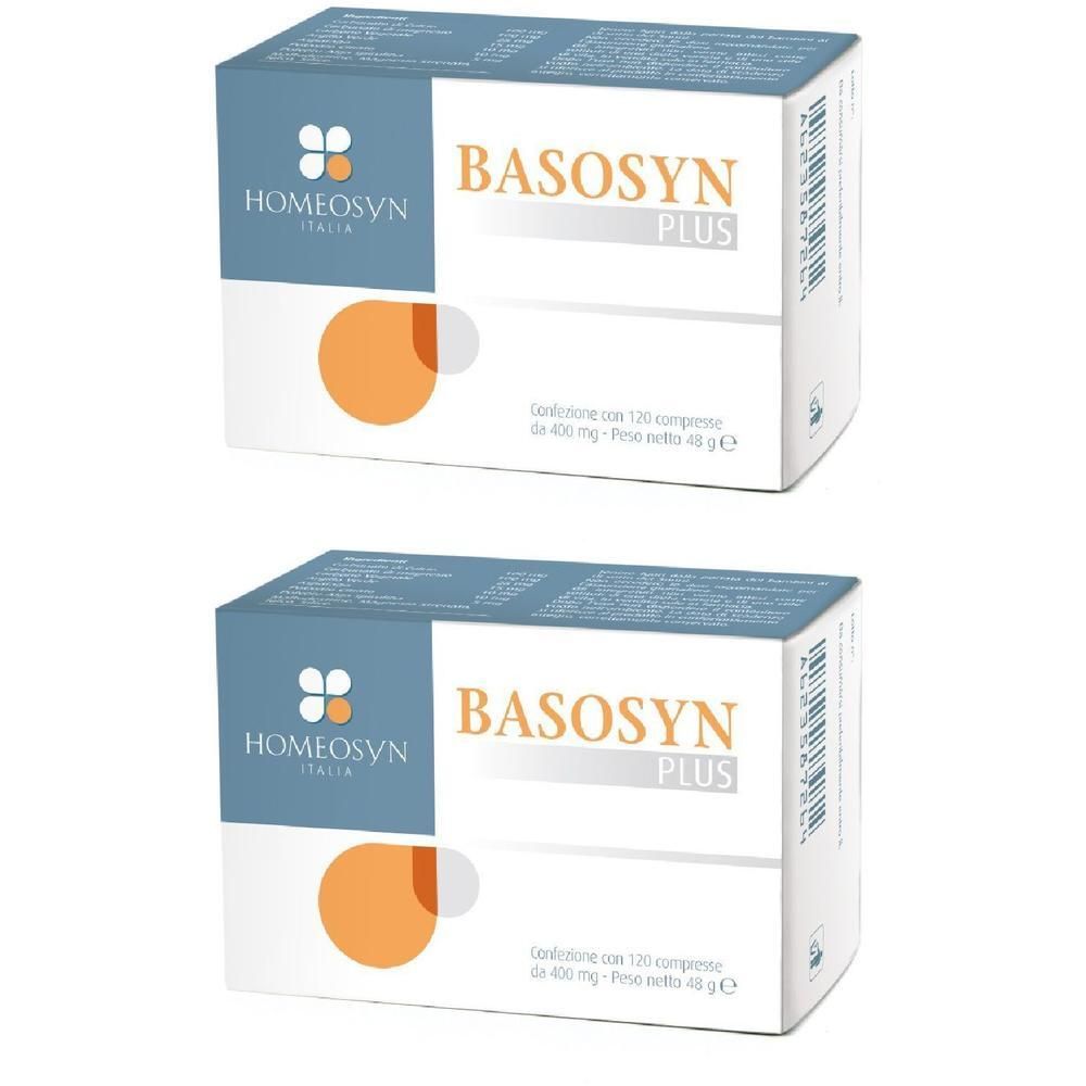 Due confezioni di compresse Basosyn Plus, ciascuna da 120 compresse.