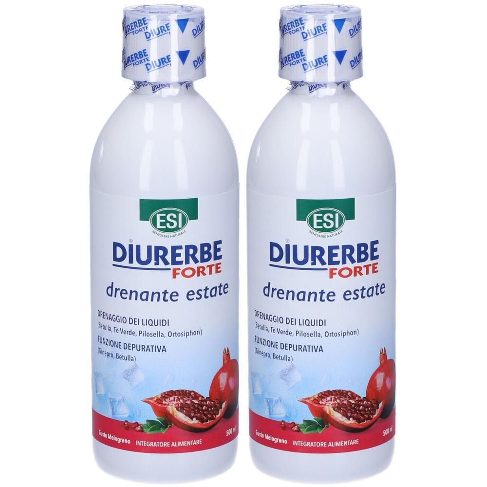 Due flaconi bianchi ESI Diurerbeforte Drenante, con motivo melograno.