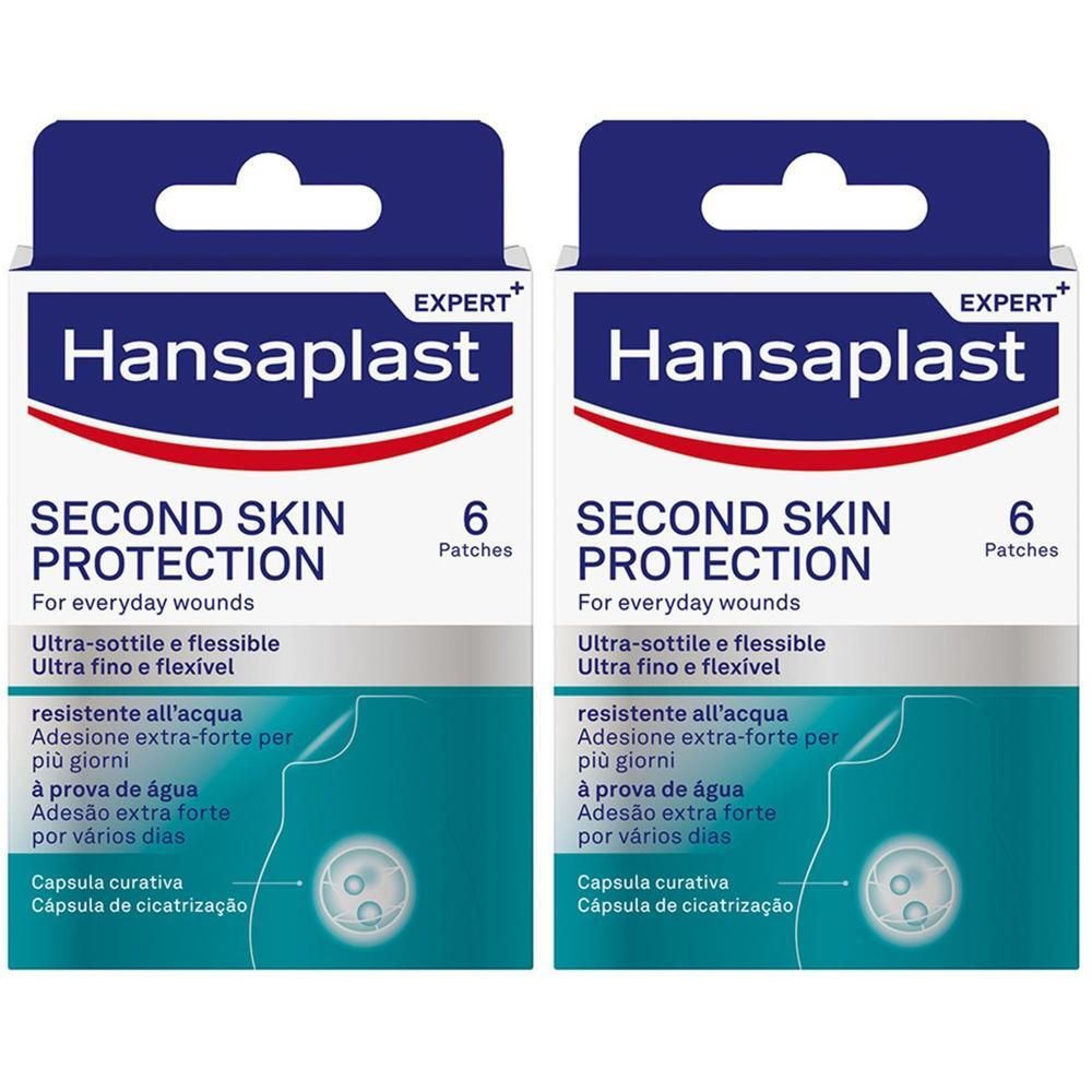 Due confezioni di cerotti Hansaplast Second Skin Protection, 6 pezzi ciascuna.