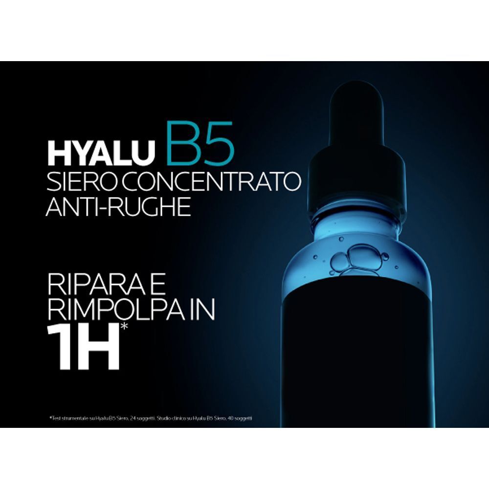 Flacone di siero La Roche-Posay Hyalu B5 con testo sull'efficacia.