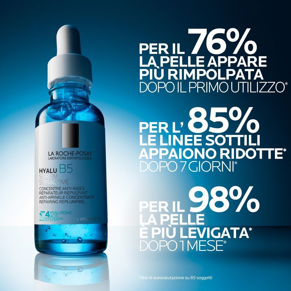 Flacone di siero La Roche-Posay Hyalu B5 con percentuali di efficacia.