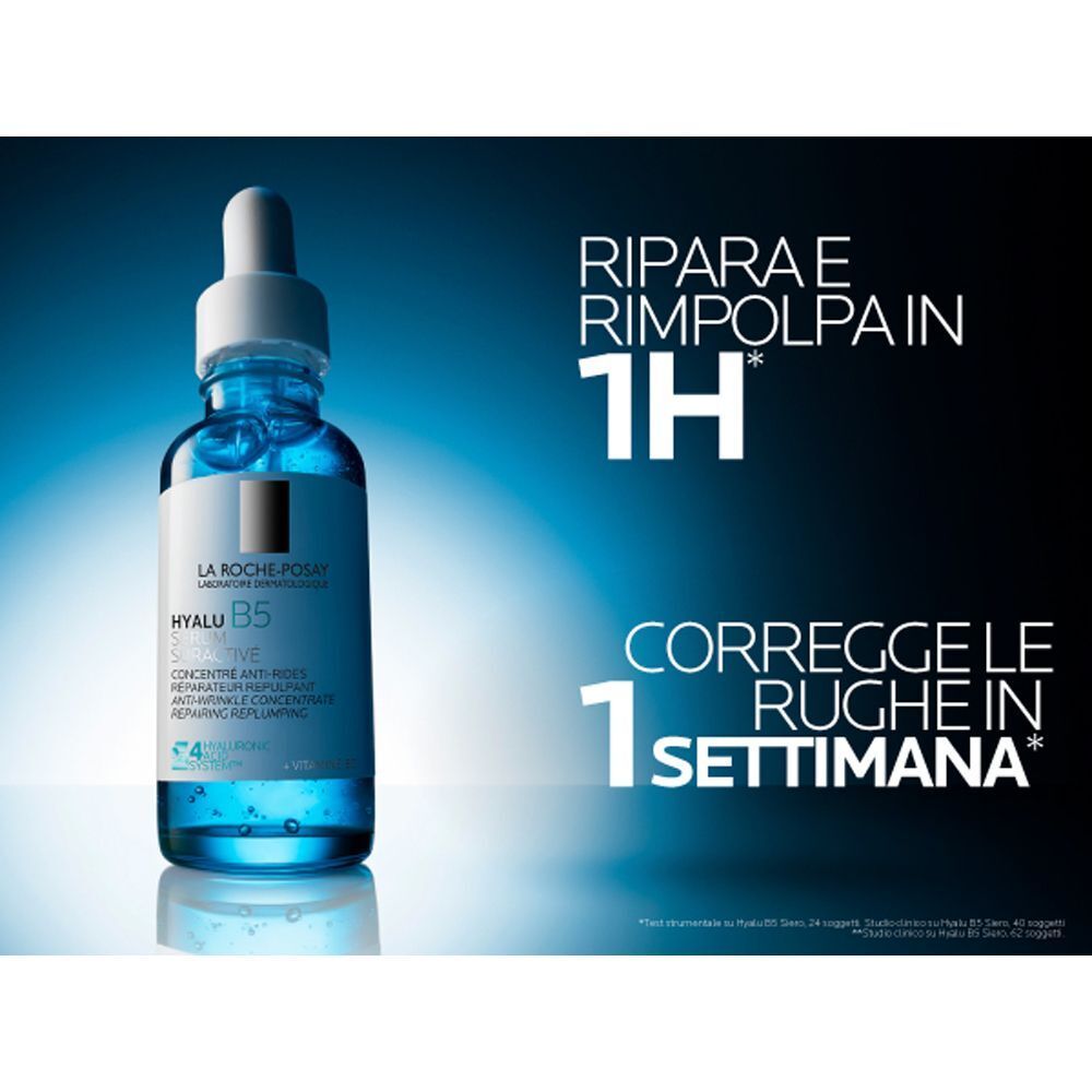 Flacone di siero La Roche-Posay Hyalu B5 con testo su riparazione e correzione.