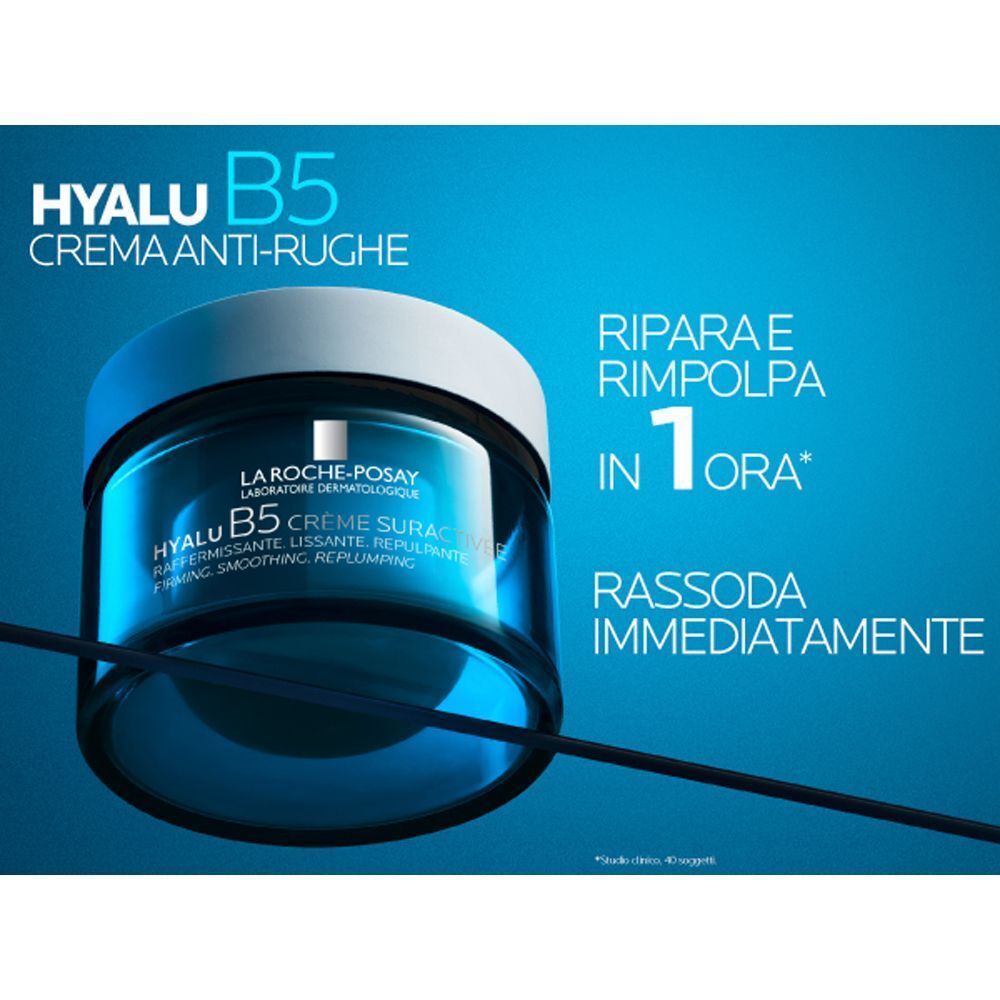 Crema La Roche-Posay Hyalu B5 con testo italiano che promette riparazione e rassodamento in un'ora.