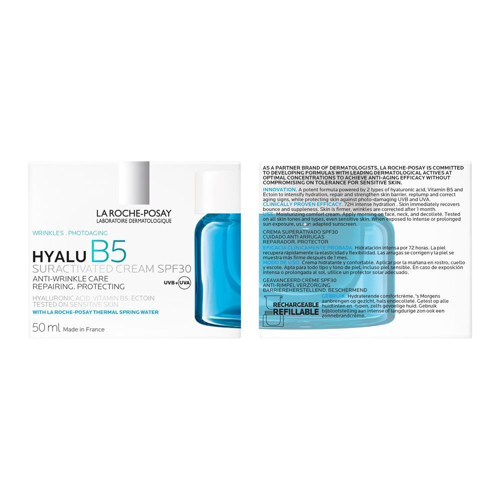 Confezione e vasetto di crema La Roche-Posay Hyalu B5 SPF30. Testo in tedesco e francese.