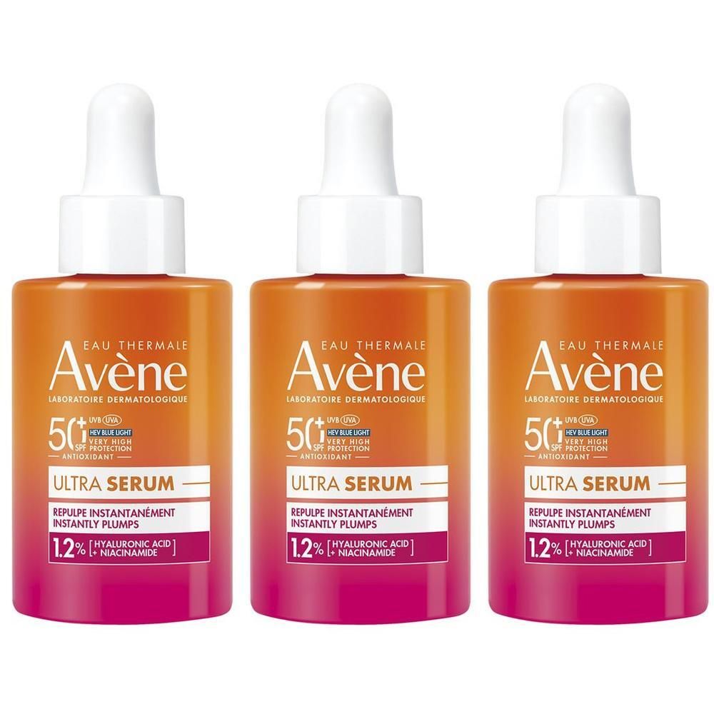 Tre flaconi di Eau Thermale Avène Ultra Siero SPF50+ con contagocce, sfumatura arancio-rosa.