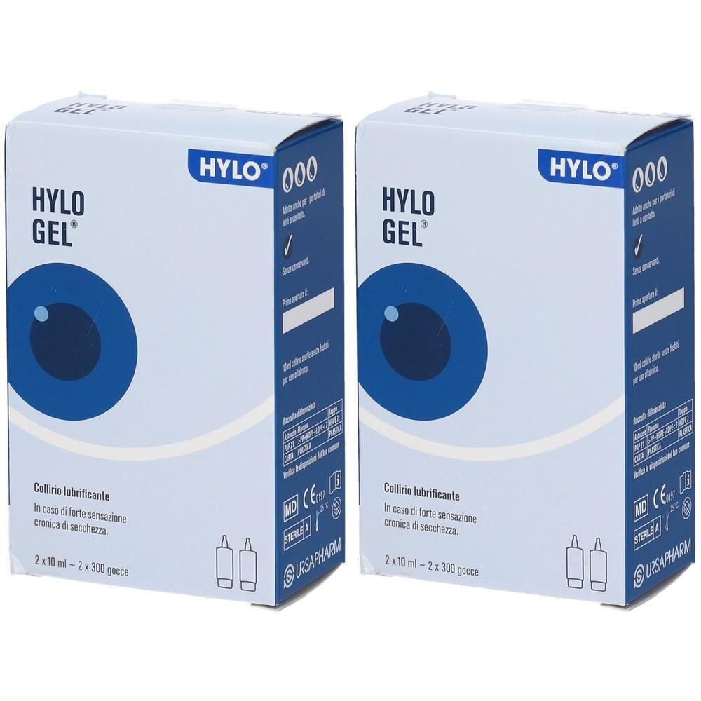 Due confezioni di collirio Hylo Gel con immagine di un occhio.