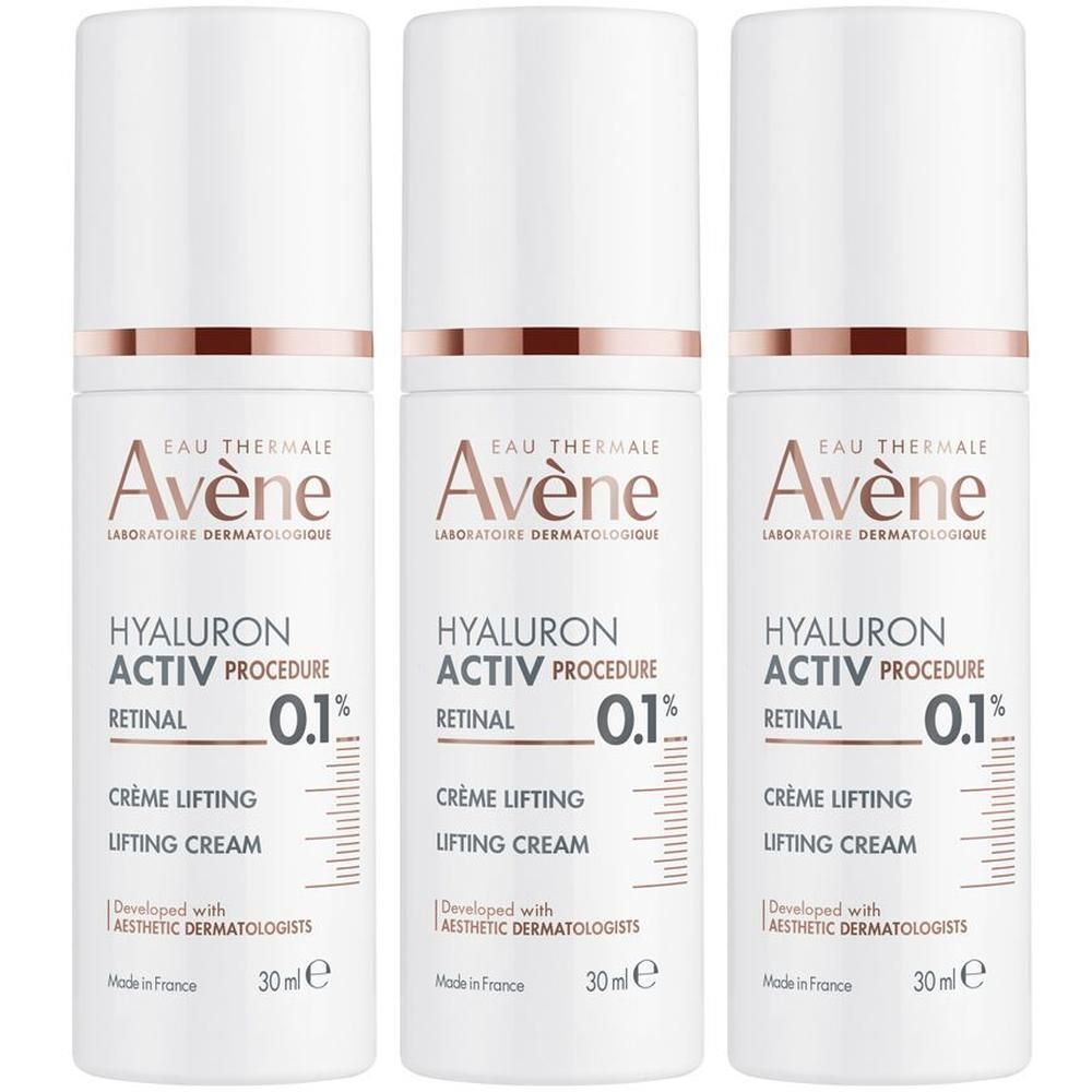 Tre flaconi di Eau Thermale Avène Hyaluron Activ Procedure Crema Lifting con Retinal 0.1%.