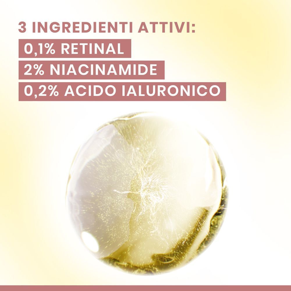 Tre ingredienti attivi: 0.1% Retinal, 2% Niacinamide, 0.2% Acido Ialuronico.
