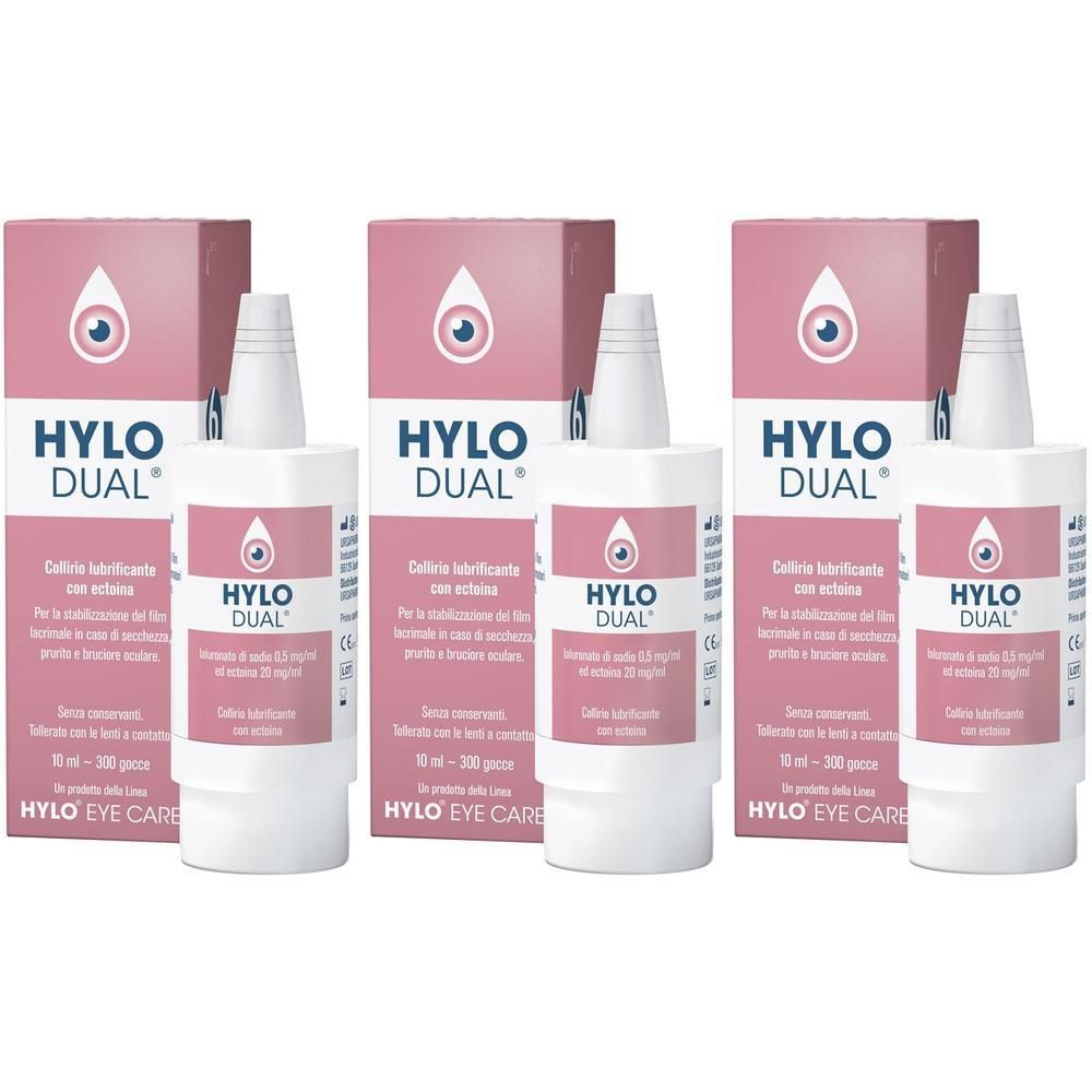 Tre flaconi di collirio Hylo-Dual con scatole. Ogni flacone contiene 10 ml.