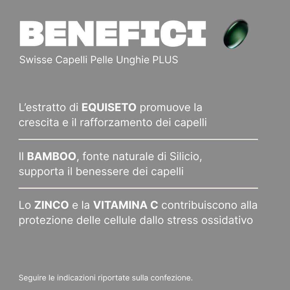 Swisse Capelli Pelle Unghie Plus: Equiseto promuove crescita capelli, Bambù supporta benessere.