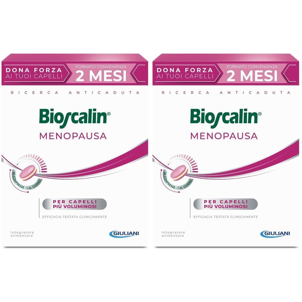 Due confezioni di Bioscalin Menopausa Compresse per 2 mesi, per capelli più voluminosi.