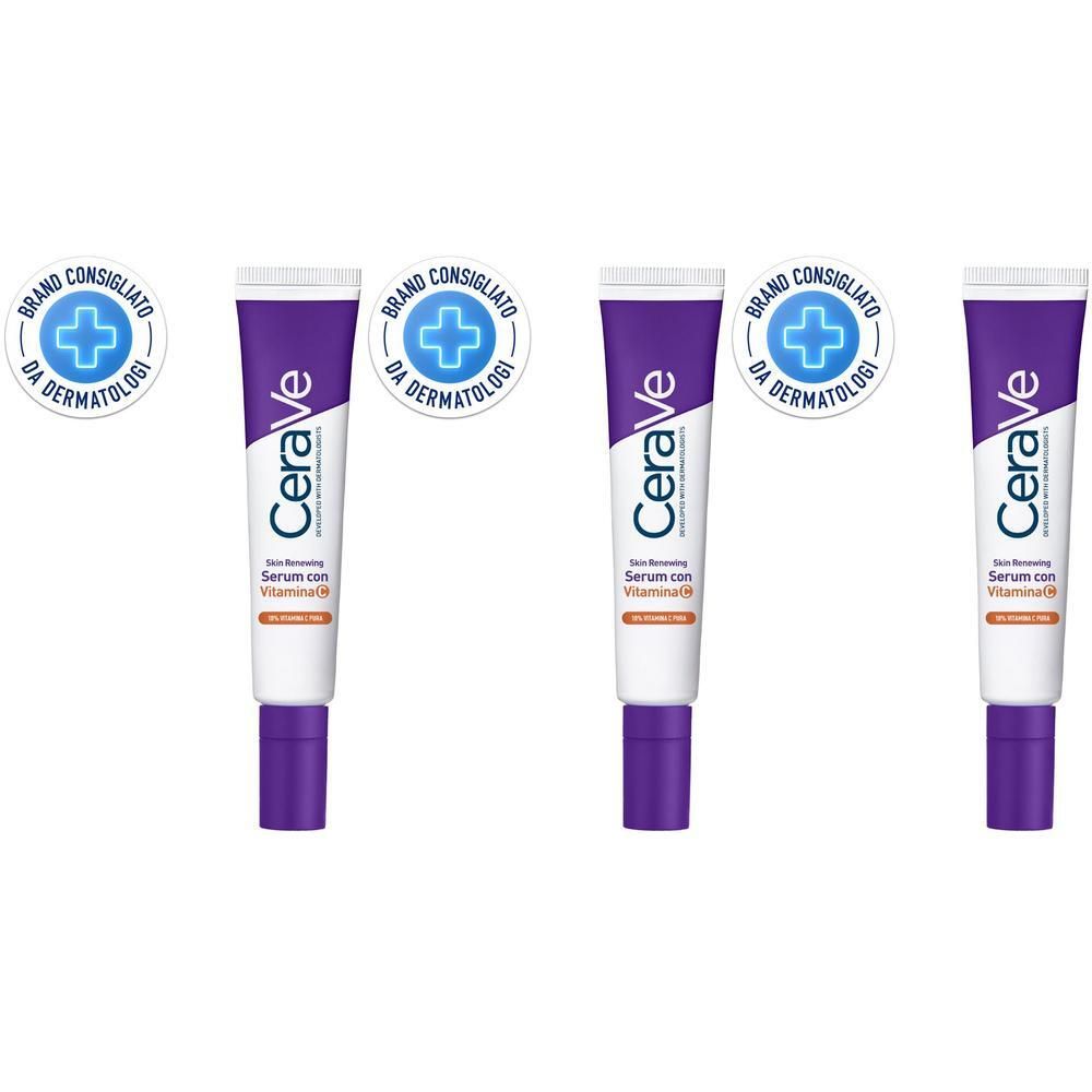 Tre sieri CeraVe alla Vitamina C in tubetti viola e bianchi, con sigillo dermatologico.