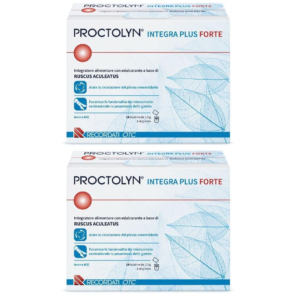 Due confezioni di Proctolyn Integra Plus Forte, ciascuna con 24 bustine. Contiene Ruscus Aculeatus.