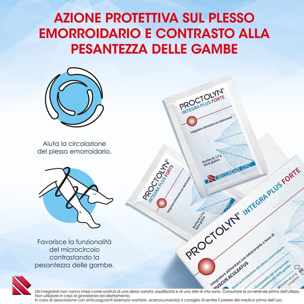Bustine Proctolyn Integra Plus Forte. Aiuta la circolazione del plesso emorroidario e le gambe pesanti.