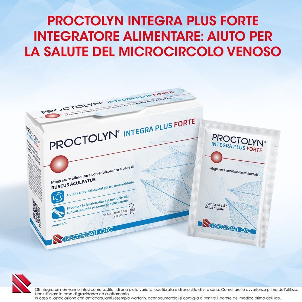 Confezione Proctolyn Integra Plus Forte e un singolo bustina su sfondo blu.