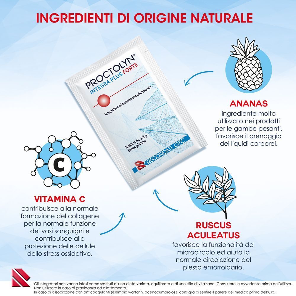 Bustina Proctolyn Integra Plus Forte con ananas, vitamina C e Ruscus Aculeatus.