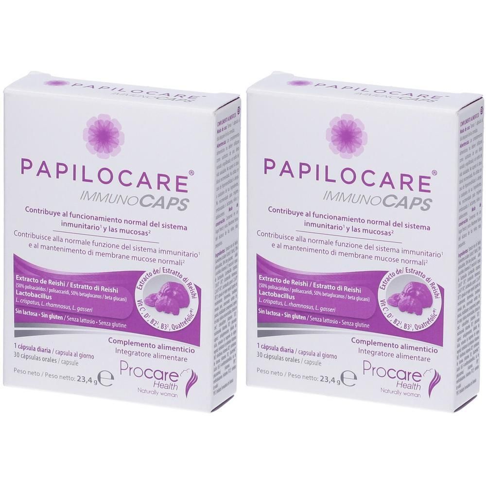 Due confezioni di Papilocare Immunocaps, integratore alimentare, 30 capsule ciascuna.