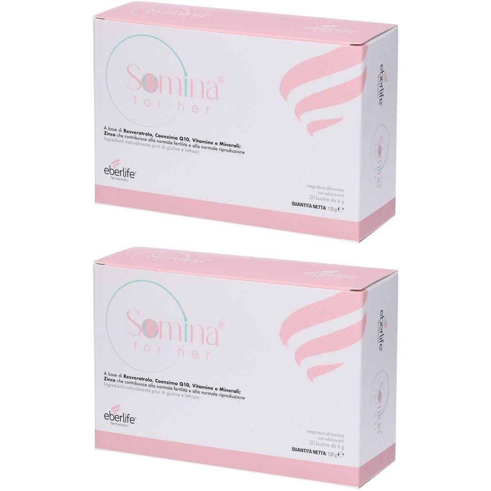 Due scatole di Eberlife Semina For Her Bustine con design rosa e bianco.