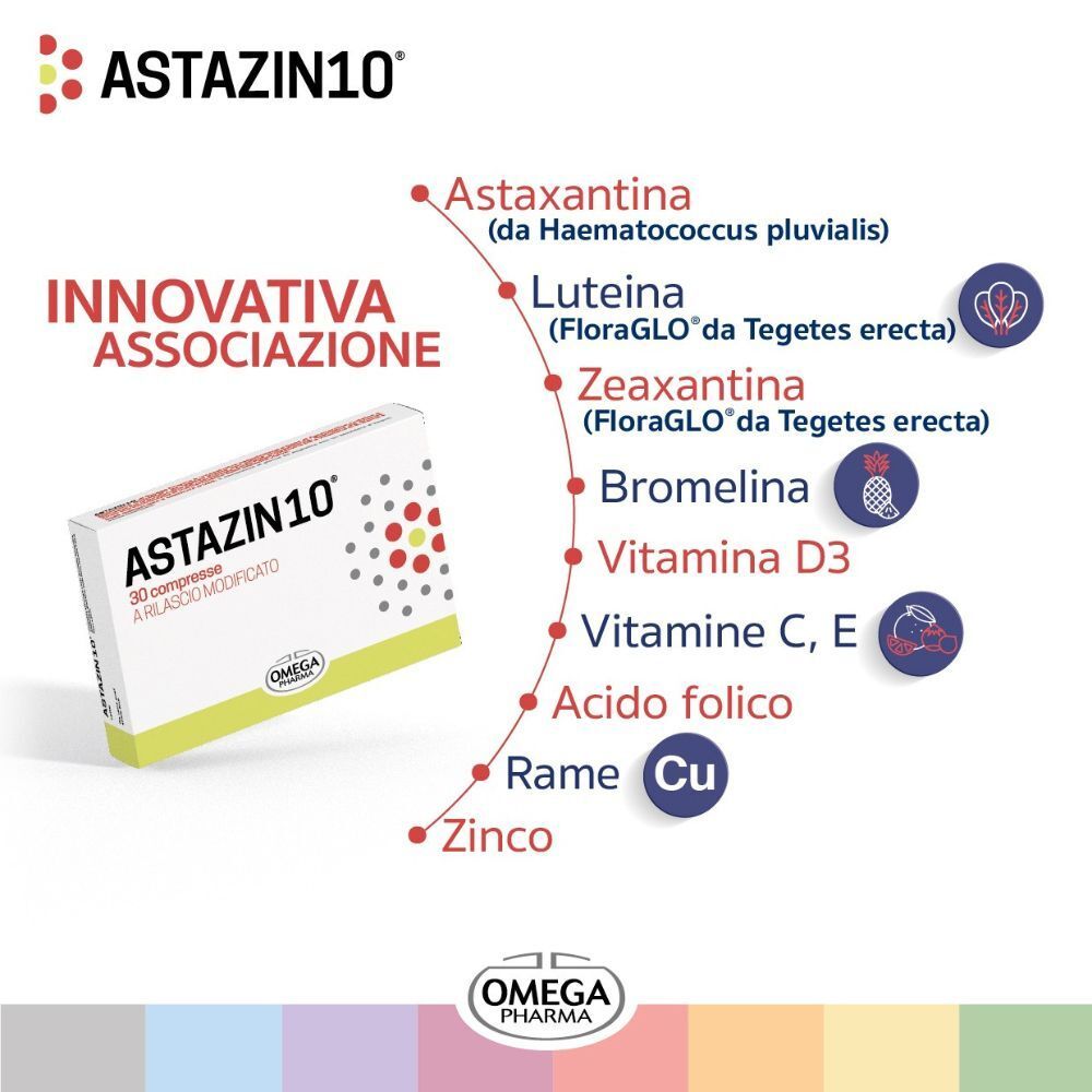 ASTAZIN10®: Associazione innovativa con Astaxantina, Luteina, Zeaxantina, Bromelina, Vitamine e Minerali.