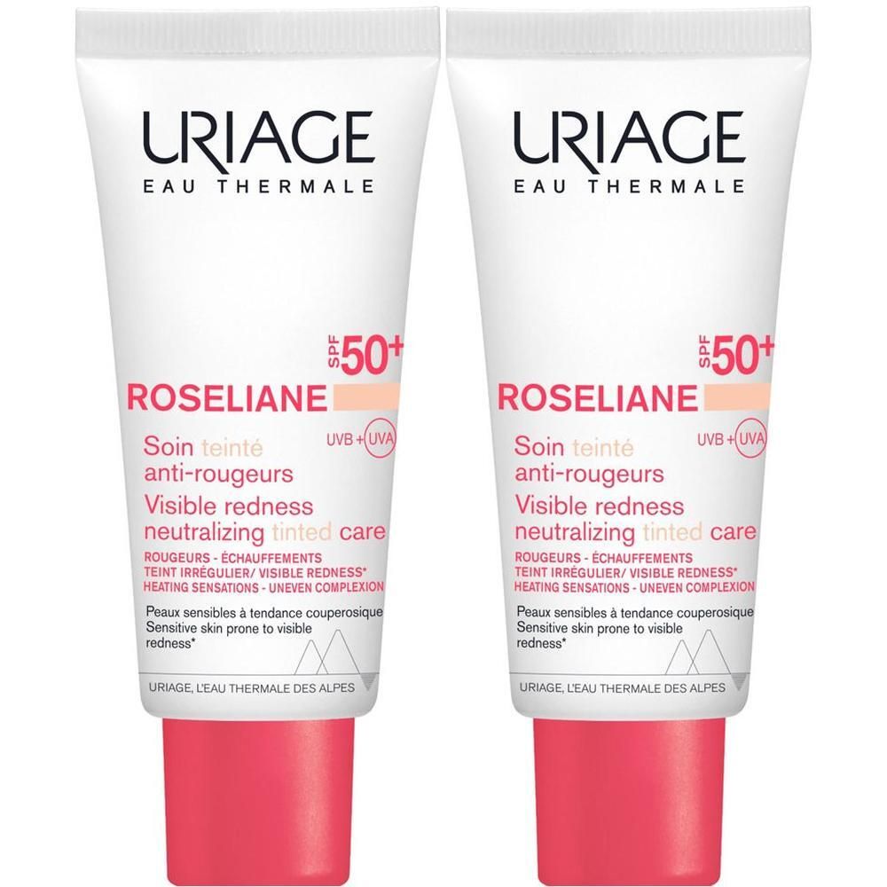 Due tubi di crema colorata URIAGE Roseliane SPF50+.