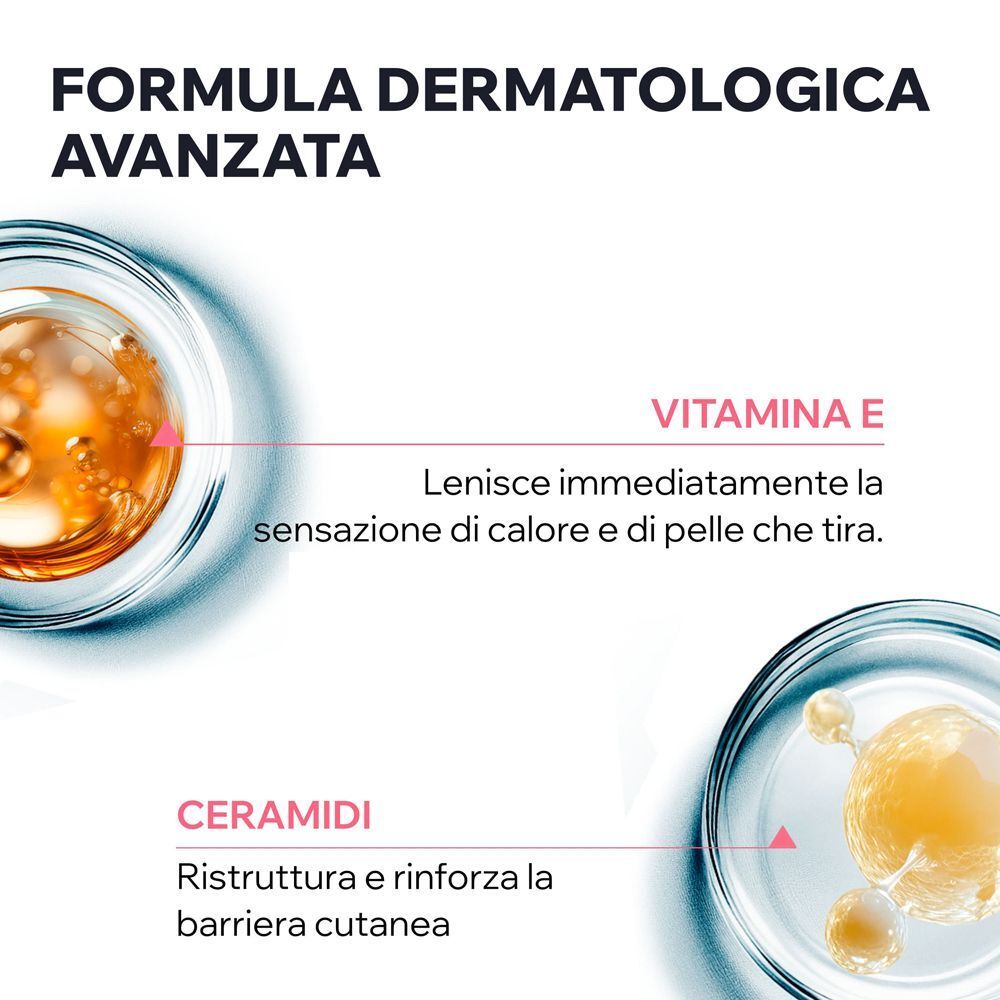 Vetrini da laboratorio con ingredienti. Testo: "Vitamina E, Ceramidi."