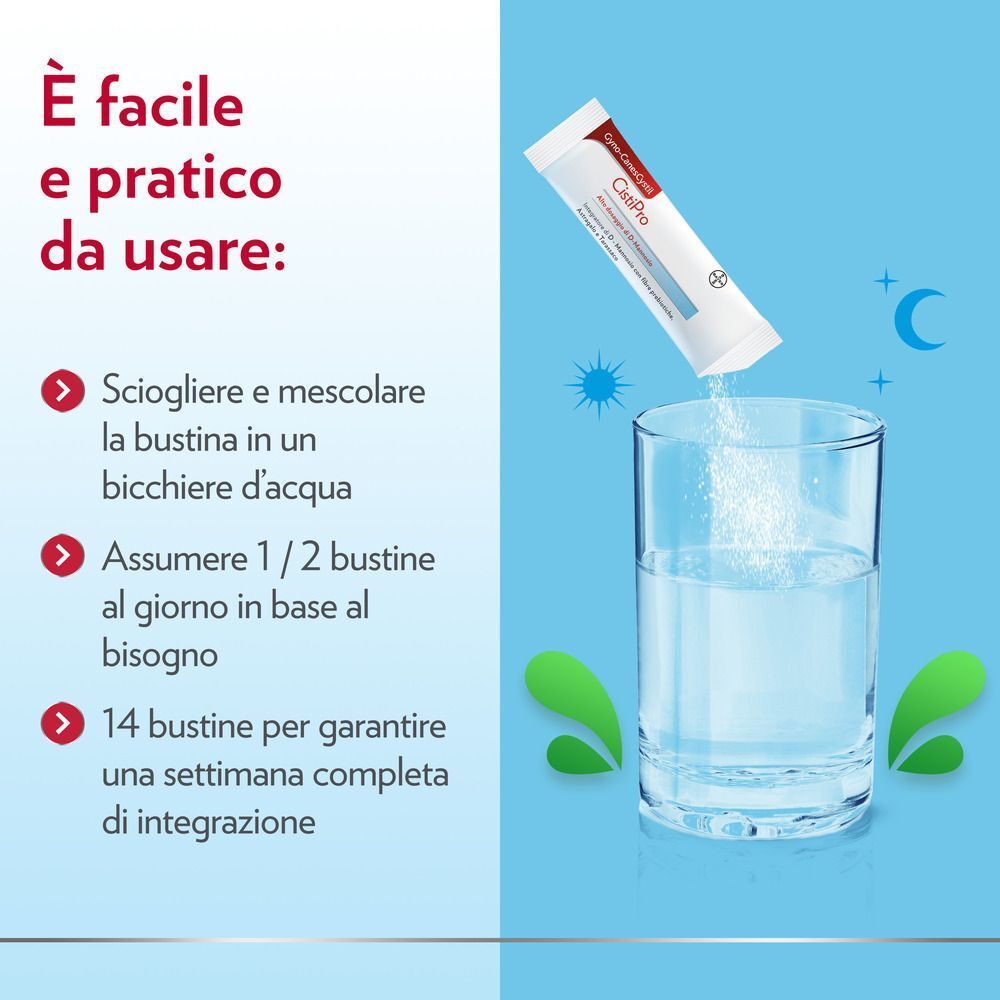 Uso di Gyno-CanesCystil: sciogliere il bustina in acqua, assumere 1-2 bustine al giorno, 14 bustine per confezione.