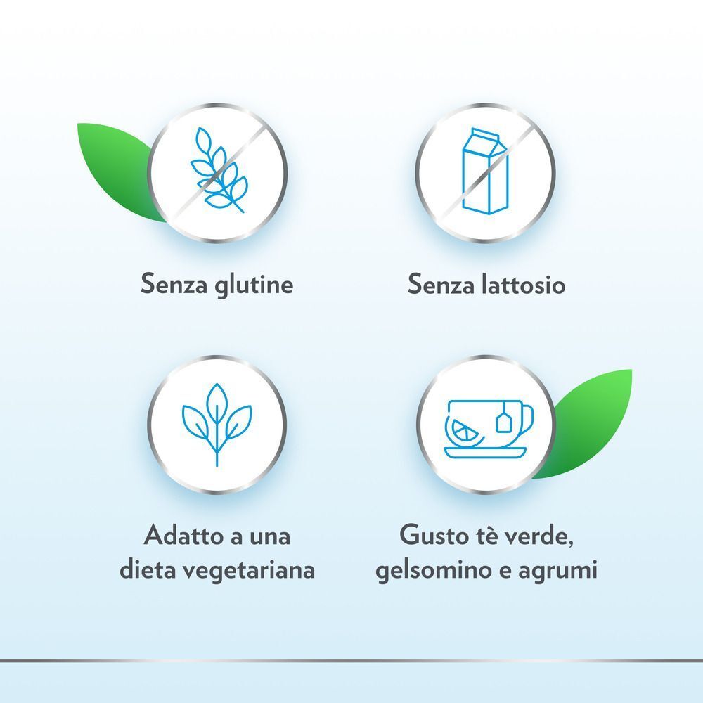 Simboli per Gyno-CanesCystil: senza glutine, senza lattosio, adatto a dieta vegetariana, gusto tè verde, gelsomino e agrumi.