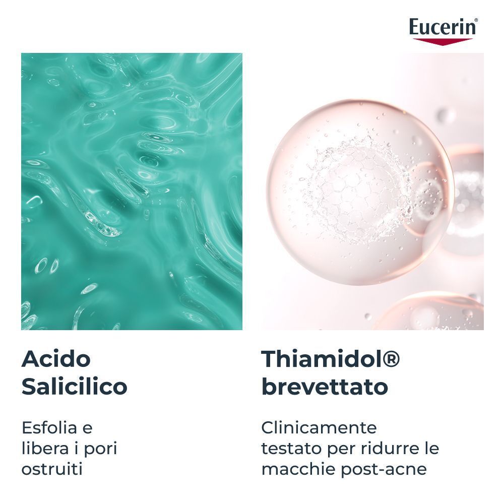 Texture di acido salicilico e una goccia del siero con Thiamidol.