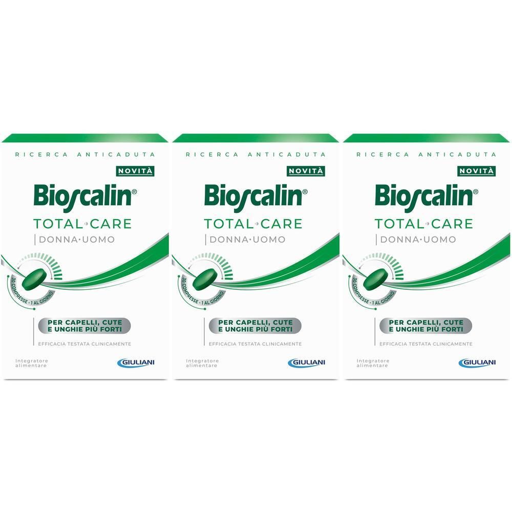 Tre confezioni di Bioscalin Total Care Compresse, integratore alimentare per capelli e unghie.